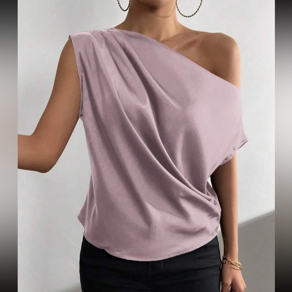 Ruched  mauve purple asymmetrical neck blouse - Picture 3 of 16